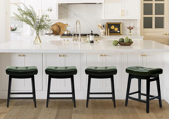 Counter Height Bar Stools Set of 4 for Kitchen Counter Farmhouse Modern Barstools with Faux Leather Upholstered Backless Seat and Solid Wood Legs 24 inch Bar Chairs, Green + Black