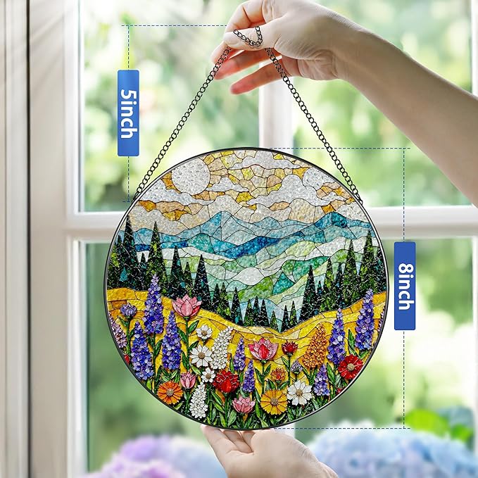 8-Inch Stained Glass Ornament, Stained Glass Window Hanging, Window Hanging Decor Suncatcher, Mountain Wildflower Ornament | Christmas, Mother’s Day, Birthday | Nature Art Gift, Gifts for Mom, Grandma