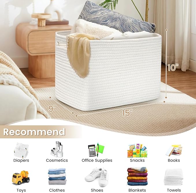 3 Pack Shelf Woven Storage Basket, 15 x 10 x 9” Closet Rope Baskets For Organizing, Square Bins with Handles, White