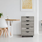 5-Drawer Rolling Storage Cart Organizer - Mobile Under Desk Dresser with Lockable Wheels, Grey Oak Engineered Wood for Home Office Dorm, Compact 15.7 x 15.7 x 26 Inches