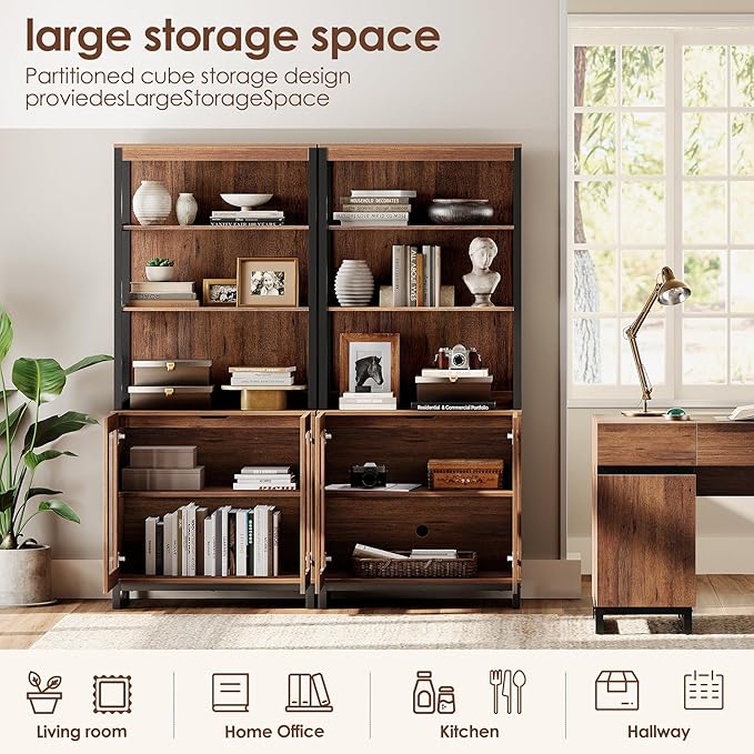 WAMPAT 2 PCS Modern 72" Tall Bookcases with Glass Doors and Adjustable Shelves, Library Book Shelf with Storage Cabinet and Open Book Shelfs, Wood Bookshelves for Home Office, Living Room, Brown