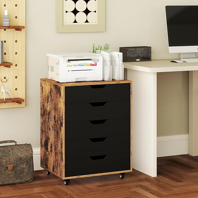LOKO 5-Drawer Storage Cabinet, Versatile Drawer of Chest with Lockable Wheels, Mobile Office Lateral File Cabinet, for Home Office, Study (Rustic Brown + Black, 16" D x 19.5" W x 25.5" H)