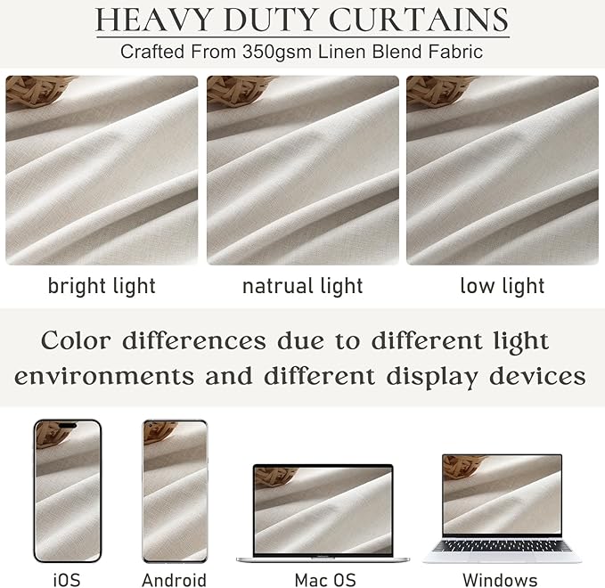 Birch Total Blackout Curtains 96 Inches Long for Bedroom 8 Foot Tall Heavy Thermal Rustic Country Curtains for Living Room Track System Window Treatments Beige Linen Burlap (50Wx96L 2 Panels)