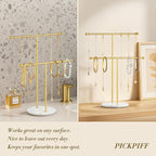 pickpiff Necklace Holder Stand: 2 Tier Jewelry Organizer with Marble Base, Gold Jewelry Tree Display for Bracelets, Rings, Earrings, Gold and White