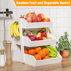 Bamboo Fruit Basket for Kitchen– 3 Tier Fruit Bowl For Kitchen Counter, Large Fruit Holder With Banana Hangers, Idea For Vegetable Storage, Bread Display, Snack Organizer(White)