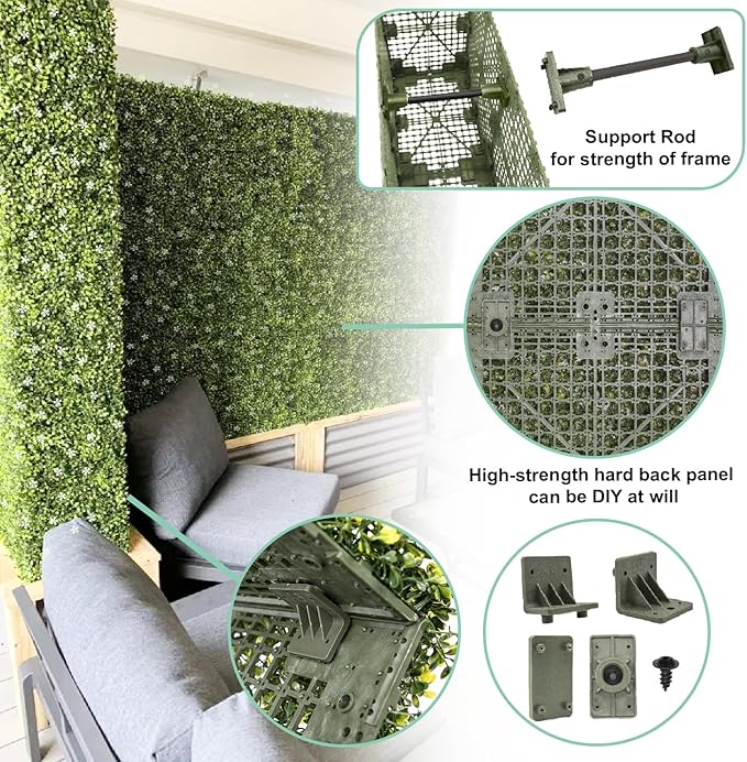 SunnyRoyal 216" Wx18 Hx12 D Artificial Boxwood Hedge Wall for Indoor and Outdoor Lifelike Greenery Privacy Fence for Patio Balcony Office Garden Party(Green with White Flower)