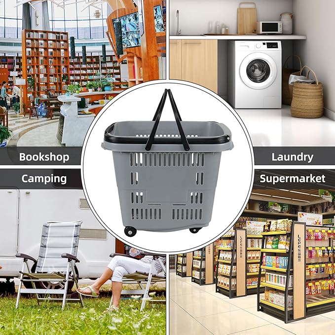4 PCS 50 L/ 13 Gal Shopping Carts, Gray Plastic Rolling Shopping Baskets with Handles and Wheels, Portable Shopping Basket Set for Retail Store, 50 L
