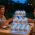 YestBuy 3 Tier Square Cupcake Stand - Premium Cupcake Holder - Acrylic Cupcake Tower Display - Cady Bar Party Décor + LED Light String - Ideal for Weddings, Birthday Parties( Blue Light)