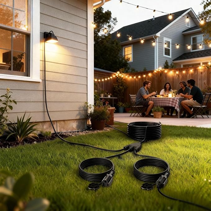 Black 25FT Outdoor Extension Cord,Evenly Spaced 3 Outlets Plugs,16/3 SJTW Wire with Safety Cover for Outdoor String Lights, Landscaping Light, Holiday Decoration and Christmas,UL Listed