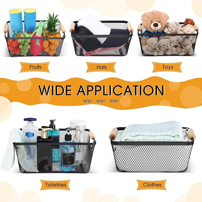 Maxcheck 6 Pack 3 Size Metal Wire Baskets with Wooden Handles Black Steel Mesh Storage Dog Toys Bins Organizer Containers for Home Pet Toys Storage Cabinets Pantry Closet Kitchen Makeup Rectangle