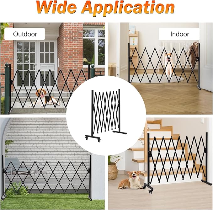 SMONTER Expandable Barricade Gate, 82" Metal Safety Barrier Gate with Casters, Accordion Garden Yard Fence Portable Dog Gates with Latch Indoor Outdoor
