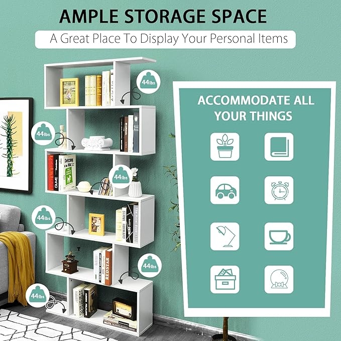 Tangkula 6 Tier S Shaped Bookshelf, 31.5''L x 9''W x 75''H, Wooden Bookcase and Bookshelves w/Anti-Toppling Device, Room Divider Display Shelves for Living Room, Home Decor, 6 Shelf Bookshelf