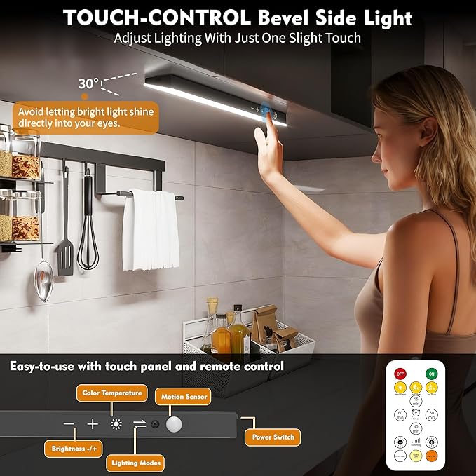 160LEDs Touch-Control Under Cabinet Lighting w/4000mAh Battery, Cordless Motion Sensor Under Counter Lights for Kitchen, Magnetic Rechargeable Closet Lights - 1Pack/Black, 2025 Fall