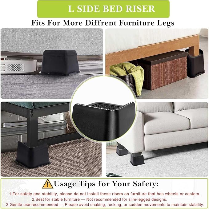 Bed Risers 2 inch, 3 inch, 4 inch, 6 inch, 8 inch Heavy Duty, Oversized Furniture Riser for Couch Sofa Table Chair Leg Frame Dorm, Support up to 6000 Lbs (Black 4 Pack, 4 inch)