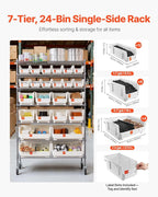 VEVOR 7-Tier Rolling Bin Storage Rack, 24 Organizer Bins, Bin Rack Storage Steel Wire Shelving System with Wheels, Mobile Tool Organizer for Garage, Warehouse, Office, Restaurant, Classroom, Kitchen