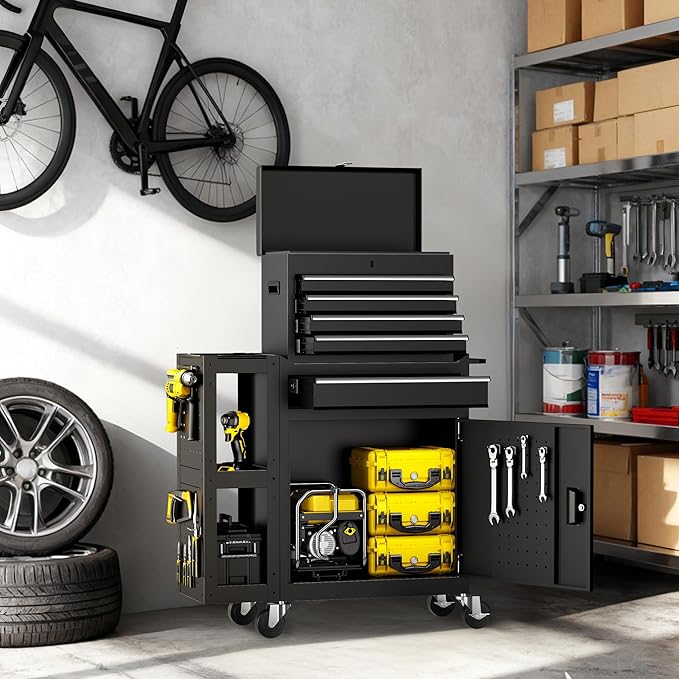 SILVEL 5-Drawers Rolling Tool Chest, Assembled Tool Box with Auto Locking System & Lockable Wheels & Sliding Drawers & Detachable Top, Tool Storage Cabinet for Garage Workshop