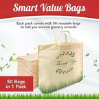 Simply Cool 50 Pack Reusable 'Thank You' Eco-Friendly Grocery Shopping Bags 19.6" x 16.1" x 7" 60 gsm Durable, Recyclable, Washable, Foldable, Portable Tote Bags Bulk (Cream, Loop Handle)