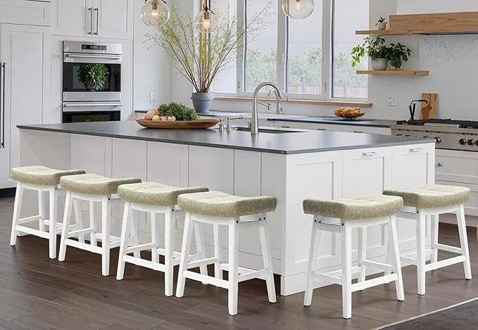 Counter Height Bar Stools Set of 6 for Kitchen Counter Farmhouse Modern Barstools with Faux Leather Upholstered Backless Seat and Solid Wood Legs 24 inch Bar Chairs, Light Grey + White