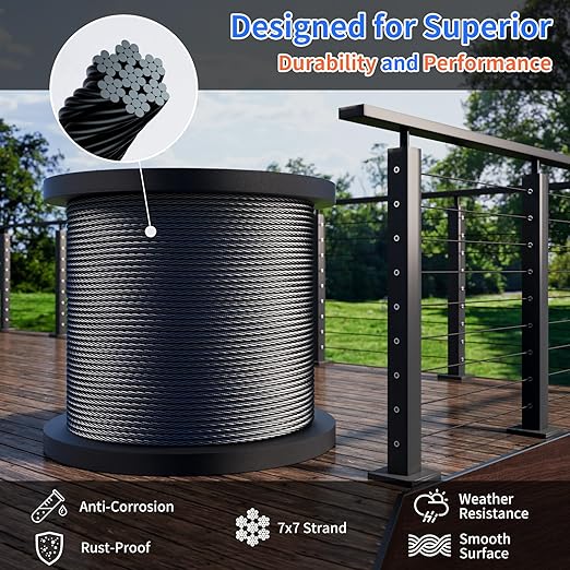 1/8 T316 Black Stainless Steel Cable – 300FT Steel Wire Rope for Cable Railing Kit and Hardware – Heavy Duty, Corrosion-Resistant, Flexible Design for DIY, Marine, and Outdoor Applications