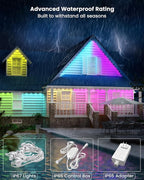 Gefolly Permanent Outdoor Lights Pro, 100ft with 60 RGBW Double-LED Lights 111 Scene Modes for Daily, Halloween, Christmas, IP67 Waterproof for Outdoor Decor, Works with Alexa, Google Assistant, White