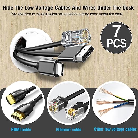 2-3/8" Spring Desk Grommet, JTemgle Plastic Cable Hole Cover with Hole Saw Computer Table Cord Wire Organizer Caps Desktop Cord Management for Home Office TV Stands Tabletops - White, 7 Pcs