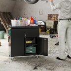 Aobabo Metal Cabinet on Wheels, Metal Garage Cabinet with 1 Drawer and 4 Hooks, Small Rolling Tool Storage with Pegboard and Handle, Assembly Required, Black