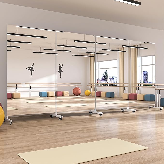 Hasipu Home Gym Mirror 360° Swivel on Wheels, 74.8" x 31.4" Extra Large Full Body Rolling Mirror for Yoga Studio, Bedroom, Dancing Studio, White