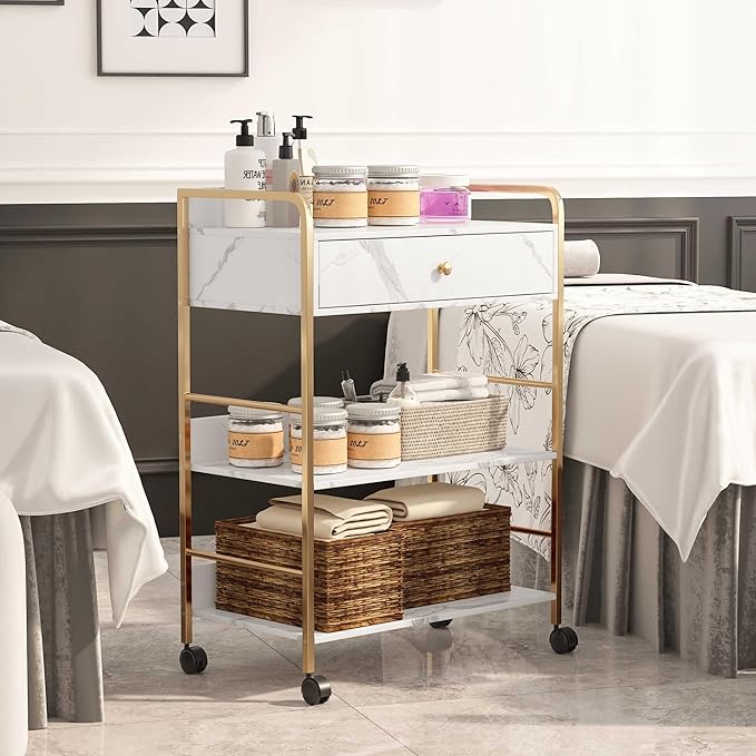 Salon Rolling Trolley with Lockable Wheels Barber Cart with Storage Drawer Mobile Hair Station Cabinet for Beauty Makeup Esthetician Spa Massage (White Marble-one Drawer-Two Shelves)