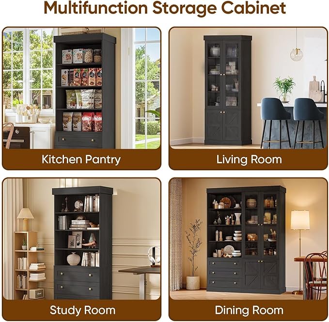 Vyre 71" Tall Farmhouse Bookshelves with Glass Doors and Drawers, Set of 2 – Large Modular Bookcase with Adjustable Shelves, Storage Cabinet for Living Room, Kitchen, Black