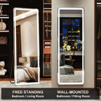 LED Rectangular Corner White Full Length Mirror - 16“ x 60” Brightness Adjustable, Touch Screen Control, Wall Mounted or Freestanding, for Bedroom Living Room Cloakroom Dressing Mirror
