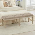 LOULENS 57.7" Linen Fabric End of Bed Bench, French Upholstered Button Tufted Bench for Bedroom End of Bed, Window Seat with Carved Wood Legs for Bedroom, Living Room, Entryway, Light Brown