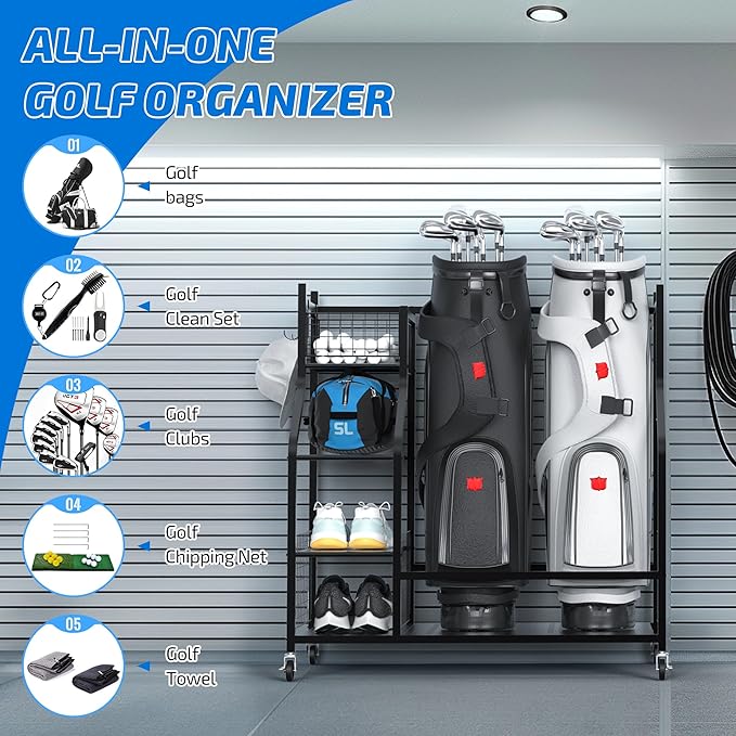 PLKOW Golf Bag Storage Garage Organizer, Extra Large Size Golf Bag Storage Stand and Golf Equipment Rack for Garage,Shed, Basement