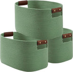 Cotton Rope Basket, Storage Baskets with Handle, 15x10x9 Inch Woven Basket for Shelves, Laundry, Towels, Clothes, Books (Green 3Pack)