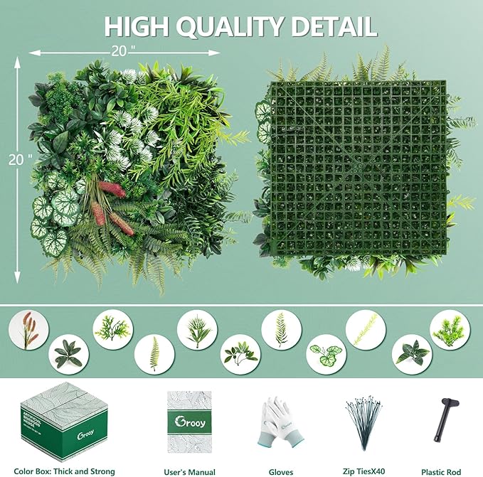 16PCS Grass Wall Panels, 20"x20" Artificial Ivy Privacy Fence Screen, UV-Anti Faux Boxwood Grass Wall Panels for Garden Patio Balcony