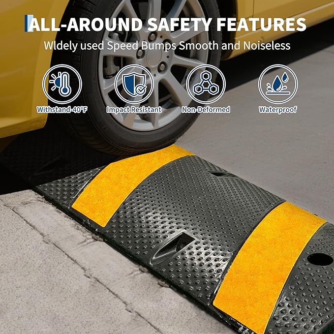 3 Pack 6FT Speed Bumps for Road, Heavy Duty 25,000 Lbs Capacity Traffic Rubber Speed Humps with 2 Channel Floor Cord Cover for Asphalt Concrete Gravel Cable Protector Ramp