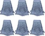 Commercial Heavy Duty Mop Heads Replacements: Wet Industrial Blue Cotton Looped End String Head Refill for General Floor Cleaning (6 Pack)
