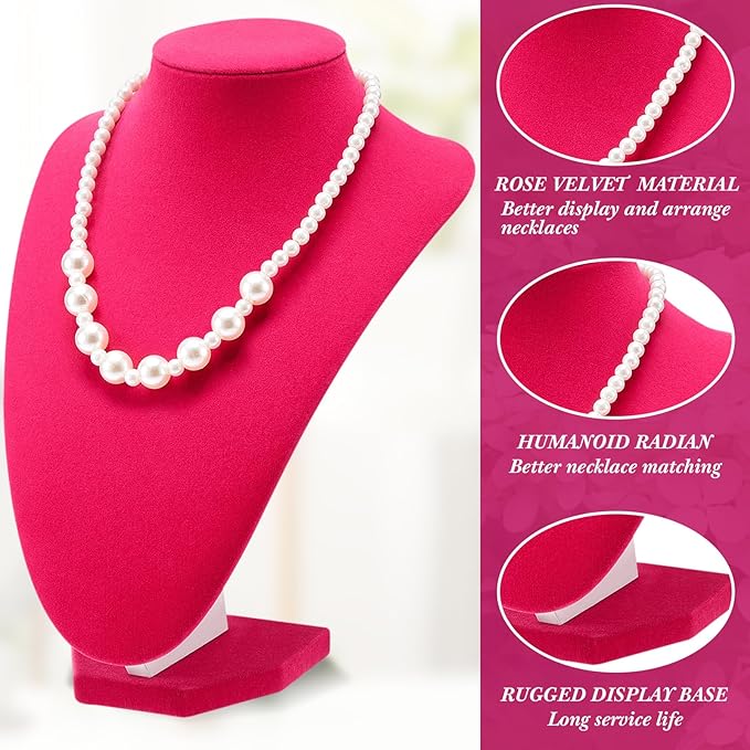 6 Pcs Necklace Display Stand Necklace Holder Jewelry Bust Display Stands for Selling Home Store Trade Shows Photography Props Retail(Rose Red,Velvet)