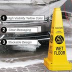 OrangeStar 3-Pack 28" Wet Floor Caution Cones, Yellow 4-Sided Bilingual Warning Message Safety Traffic Cones with Heavy Rubber Base for Indoor/Outdoor Use
