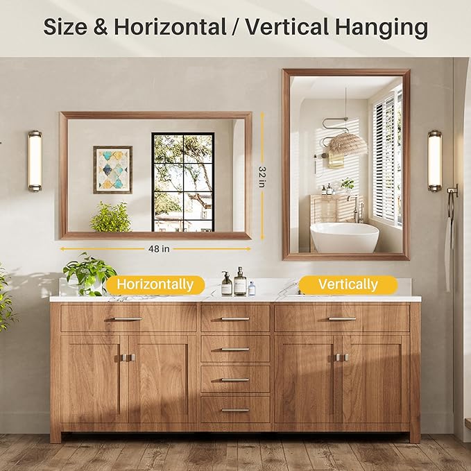 48x32 Inch Bathroom Mirror for Wall, Anti-Rust Walnut Wood Grain Metal Framed Bathroom Mirrors for Over Sink,Rectangler Mirrors for Bathroom Vanity, Farmhouse, Bedroom, Living Room, Entryway Decor