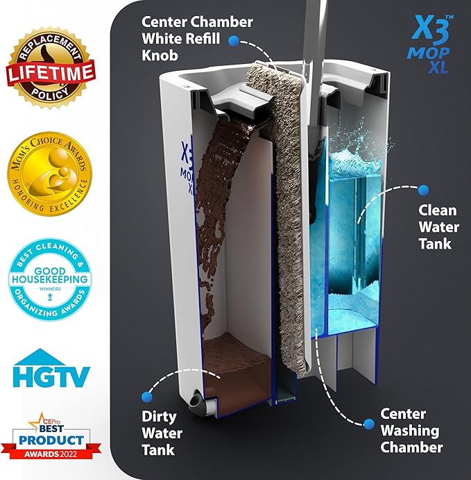X3 Mop, Separates Dirty and Clean Water, 3-Chamber Design, Flat Mop and Bucket Set, Hands Free Home Floor Cleaning, 3 Reusable Microfiber Mop Pads Included (XL X3 Mop)