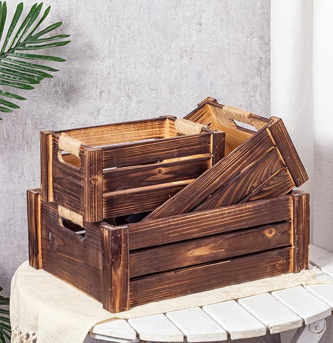 TIMRIS Set of 3 Rustic Wood Nesting Crates, Farmhouse Wooden Storage Container Boxes with Cutout Handles, Decorative Wooden Baskets for Display (Rustic Brown)