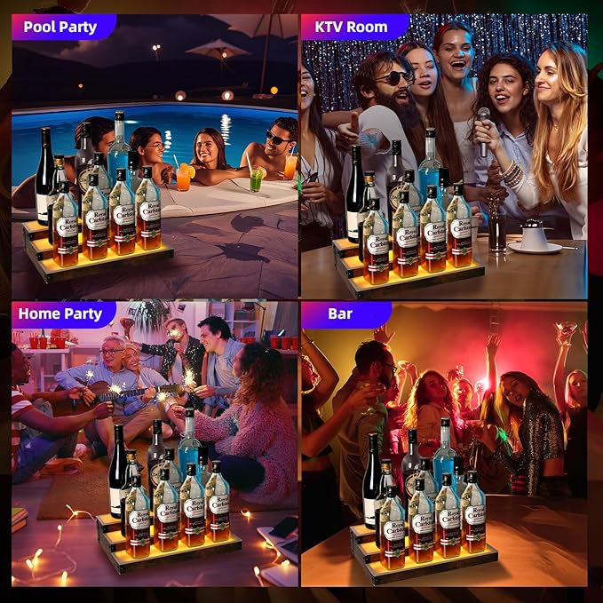 2-Pack 16‘’ LED Lighted Liquor Display, 3-Tier 30Inch Total Bar Shelves for Liquor Bottle, Illuminated Home Bar Shelf with RF & App Control, 7 Colors, Music Sync& 1-4H Timming, Light-Up Whiskey Rack