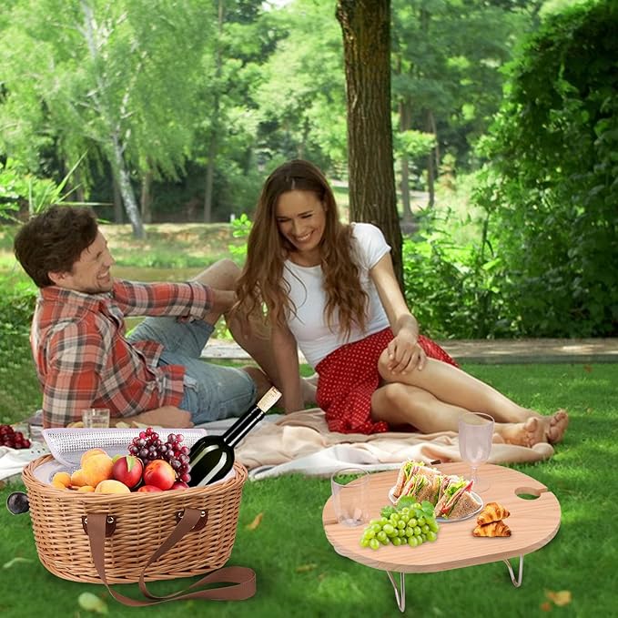Wicker Picnic Basket Set for 2 Person with Mini Folding Table and Insulated Cooler Bag, Picnic Basket with Woven Handle Design & Tableware Accessories, Woven Oval Picnic Basket for Outdoor