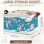 Astronaut Pattern Storage Basket Large 17x11.5x10.5 Inche-Collapsible Fabric Organizer Bin with Handles for Kids Room, Space Theme, Toys-Foldable Decorative Hamper with Rocket & Stars-Single Pack
