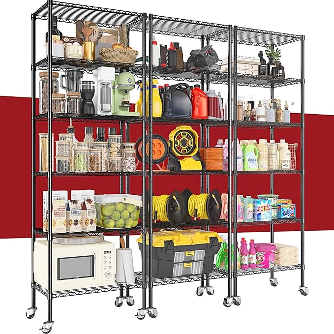 3 Pack Rolling 6-Tier Space-Saving Garage Wire Rack Shelving, 14"D x 24"W x 71"H Adjustable Metal Shelving with Wheels, 750 lbs Capacity Heavy Duty Storage Shelves for Garage, Closet & Kitchen, Black