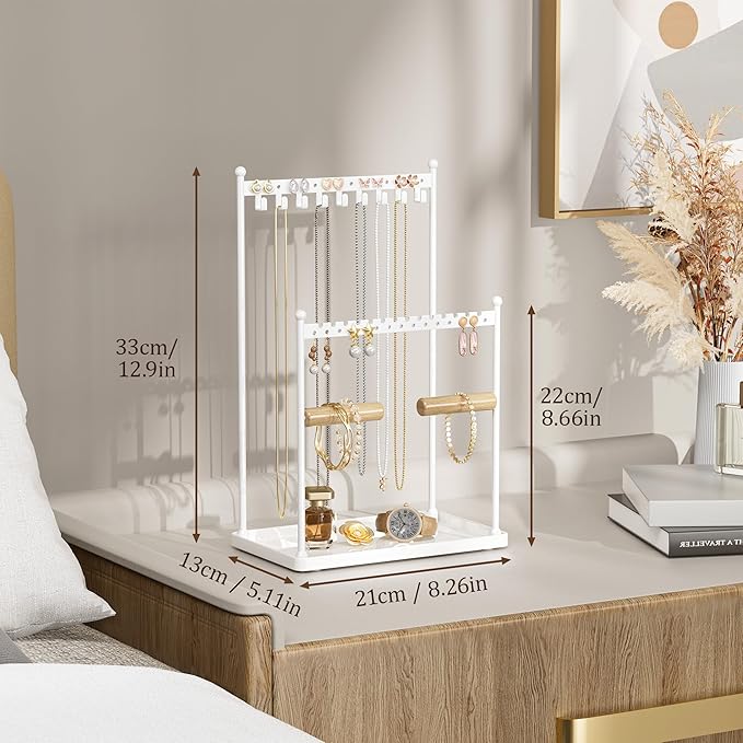 Jewelry Tower Necklace Holder Organizer – 3-Tier Jewelry Display Rack with Storage Tray – Holds 22 Pairs of Earrings, Bracelets, Rings, Necklaces – Gift for Girls & Women, White