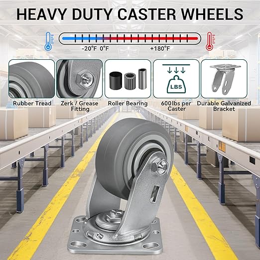 4'' × 2'' Caster Wheel, Heavy Duty Industrial Caster, Rubber Wheels with Roller Bearing, Load 600lbs per Swivel Casters for Cart Dolly Toolbox Trolley (1 Swivel)