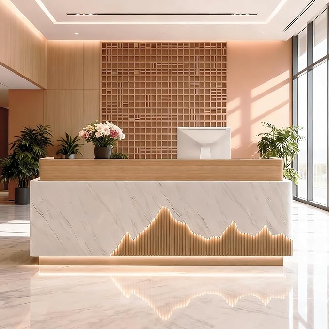 Modern Reception Desk with Counter Front Reception Table with Hidden LED Lighting Commercial Receptionist Desk Wood and White Checkout Counter Fully Assembled and Ready to Use 110inch/280cm