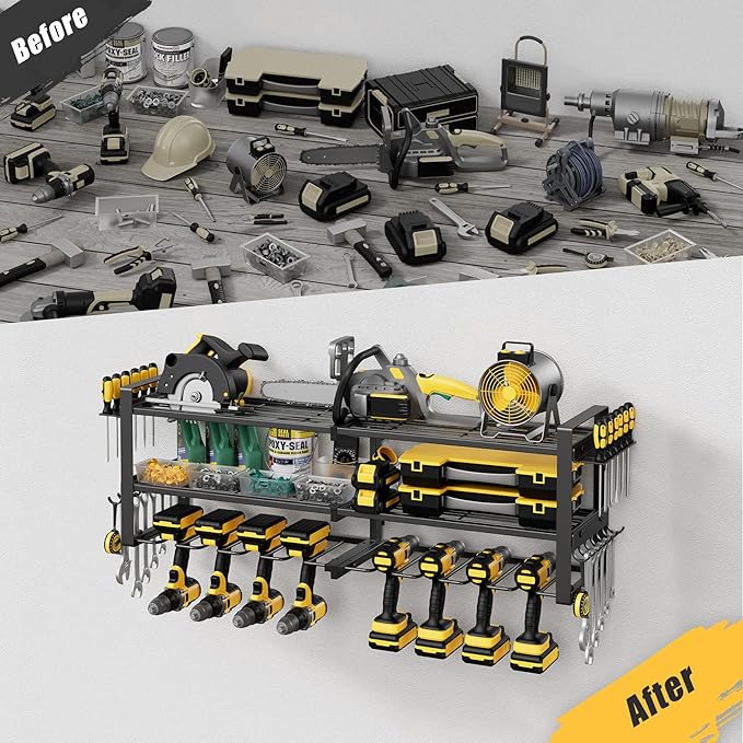 Power Tool Organizer Wall Mount, 3-Tier Tool Storage Rack with 8 Drill Holders, 300LBS Load Heavy Duty Cordless Tool Shelf for Garage Organization, Gift for Men