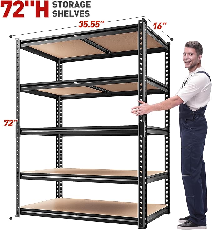 REIBII 2020LBS Storage Shelves 5 Tier Garage Shelving Heavy Duty, Adjustable Metal Shelving, Garage Shelves for Basement, Warehouse, Pantry, Closet, Kitchen 72" H x 35.55" W x 16" D, Black, 3 Pack